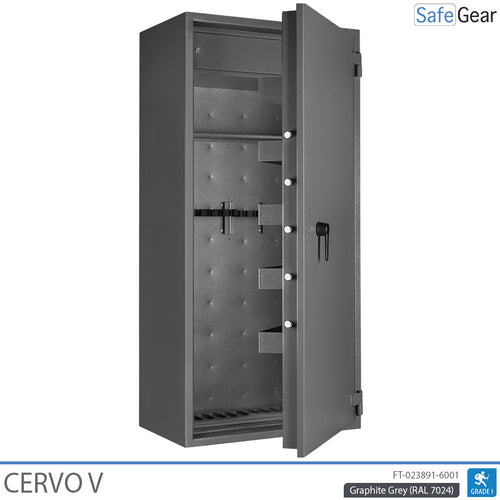 Cervo V gun safe in Graphite Grey, door open at 45 degrees, empty